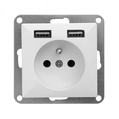 Ladowarki-usb - białe gniazdo pojedyncze z uziemieniem i ładowarką 2xusb 2a 5v perła pt-16p/usb abex 