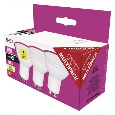 Gwint-trzonek-gu10 - komplet żarówka led 3 sztuki 8,4w-60w gu10 ciepła biel 806lm emos zq8370.3 