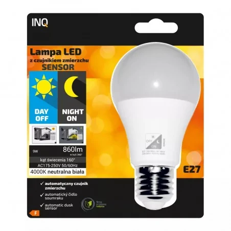 Gwint-trzonek-e27 - żarówka led e27 a60 9w z czujnikiem zmierzchu neutralna 860lm  elas010nw inq 