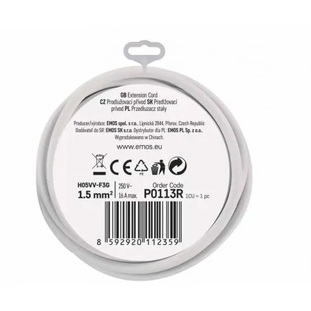 Przedluzacze-elektryczne - przedłużacz biały 3 metrowy 1 gniazdo pvc 1,5 mm2 p0113r emos 