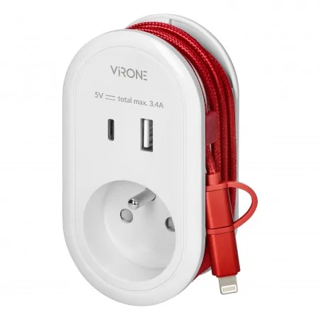 Rozgalezniki - adapter z ładowarką usb i kablem ładującym typ c + lightning 1x2p+z 2xusb typ a+c max 3,4a cs-2 orno 