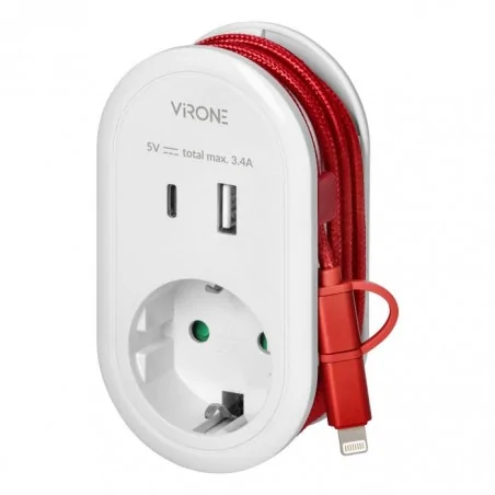 Rozgalezniki - adapter z ładowarką usb i kablem ładującym typ c+lightning 1x2p+z schuko 2xusb max 3,4a cs-2(gs) orno 