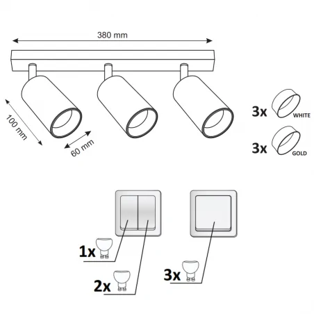 Kinkiety-do-salonu - potrójna lampa ścienno-sufitowa czarna z wymiennym pierścieniem dekoracyjnym 3xgu10 321213 maribel polux 