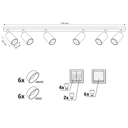 Kinkiety-do-salonu - listwa oświetleniowa na 6 żarówek gu10 z wymiennymi pierścieniami dekoracyjnymi biały/złoty maribel 321244 polux 