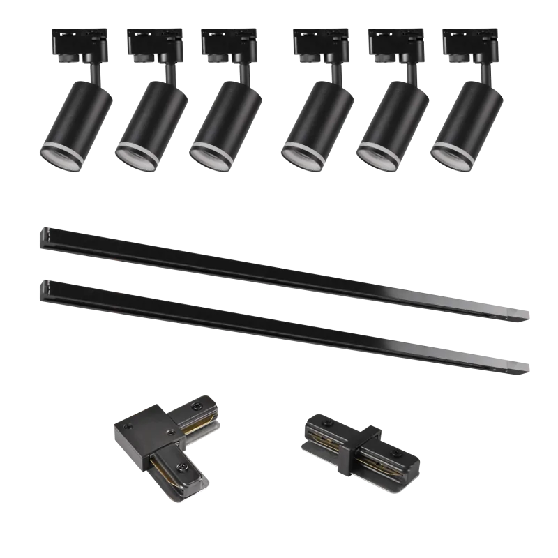 Oswietlenie-szynowe - zestaw szynowy 6x czarny reflektor gu10 2x szyna 1m+łącznik kątowy i prosty paris 321633 polux firmy POLUX GOLDLUX 