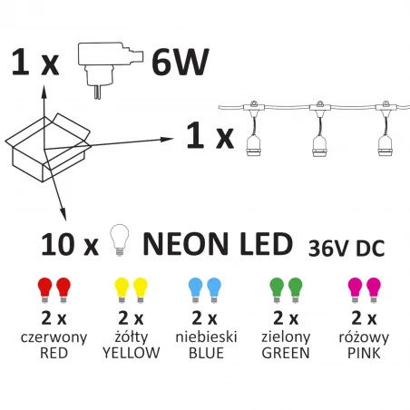 Swiecace-kule-i-girlandy - girlanda ogrodowa led 6w z kolorowymi żarówkami 7,6m party neon 322166 polux 