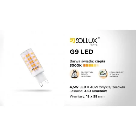 Gwint-trzonek-g9 - żarówka led g9 białe ciepłe 3000k 4,5w 450lm sl.0974 sollux lighting 