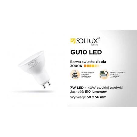 Gwint-trzonek-gu10 - żarówka led gu10 ciepła barwa 3000k 7w 510lm sl.0972 sollux lighting 