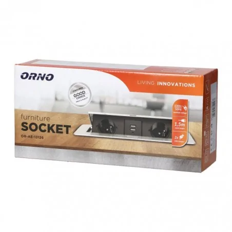 Gniazda-meblowe - grafitowe gniazda meblowe wpuszczane w blat + ładowarką usb i przewodem 1,5m 2x2p+z 2xusb or-ae-13126/gr orno 