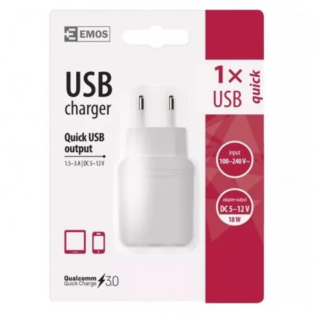 Kable-i-przewody - uniwersalna ładowarka sieciowa do telefonu adapter usb quick 3a 18w biały v0123 emos 