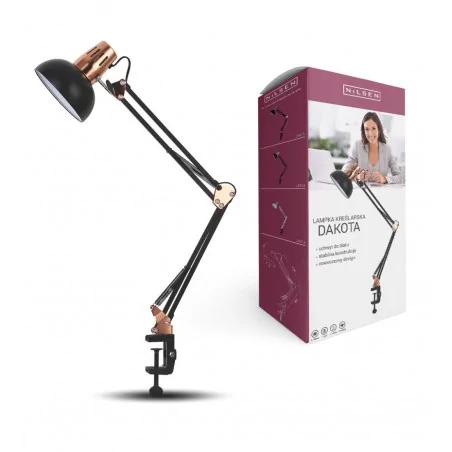 Lampki-biurkowe - lampka kreślarska czarna z miedzianymi wstawkami i klipsem e27 dakota ls011 nilsen 