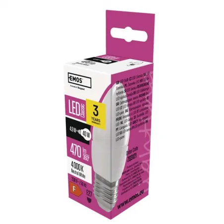Gwint-trzonek-e27 - led-owa żarówka świeczka classic e27 4,9w (40w) 470lm neutralna biel zq3121 emos 