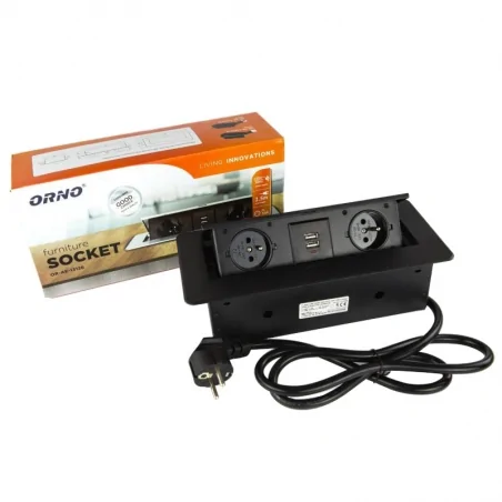 Gniazda-meblowe - czarne gniazdo meblowe wpuszczane w blat podwójne plus 2xusb  or-ae-13126/b orno 