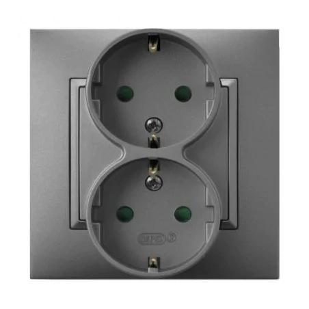Gniazda-podwojne-podtynkowe - gniazdo podwójne z uziemieniem schuko z przesłonami torów srebrne gp-2usp/18 aria ospel 