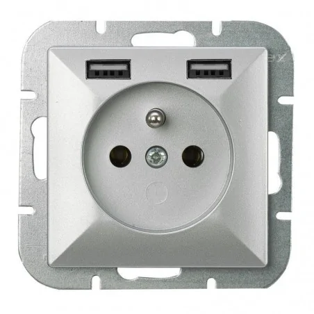 Ladowarki-usb - srebrne gniazdo pojedyncze z uziemieniem i wejściem usb 2xusb 2a 5v perła pt-16p/usb abex 