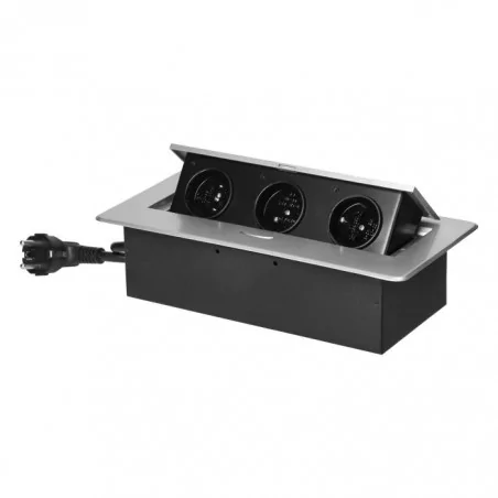 Gniazda-meblowe - srebrne gniazdo meblowe wpuszczane w blat 3x2p+z z płaskim frezowanym rantem i przewodem 1,5m or-gm-9033/g orno 