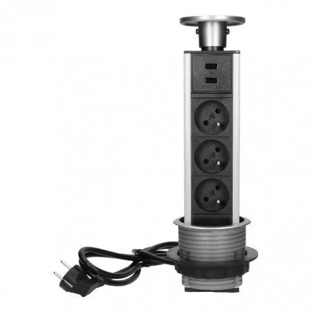 Gniazda-meblowe - gniazdo meblowe potrójne wysuwane z blatu z ładowarką usb i przewodem 1,8m 3x2p+z inox fs-17 orno 