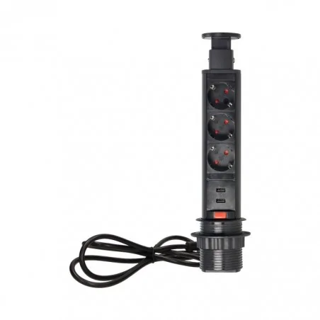 Gniazda-meblowe - czarne gniazdo blatowe wysuwane z ładowarką usb i przewodem 3x2p+z or-ae-1349/b orno 