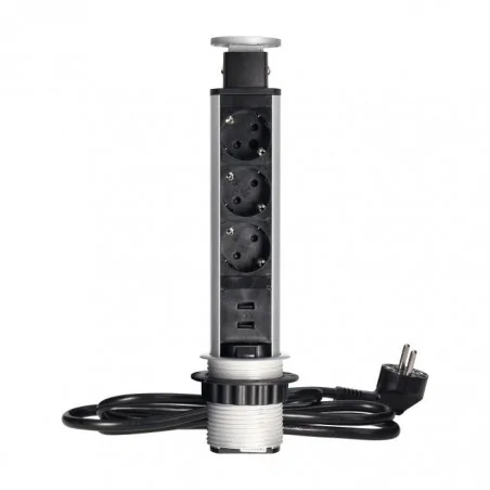 Gniazda-meblowe - srebrne gniazdo blatowe wysuwane z ładowarką usb i przewodem uziemienie schuko z or-ae-1349 orno 