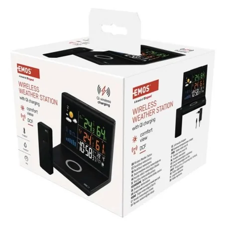 Termometry-i-stacje-pogodowe - czarna stacja meteorologiczna z bezprzewodowym ładnowaniem telefonu emos e8010 