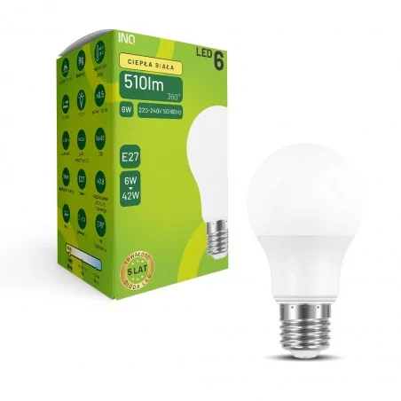Gwint-trzonek-e27 - żarówka led e27 ciepła 6w 3000k ela020ww inq 