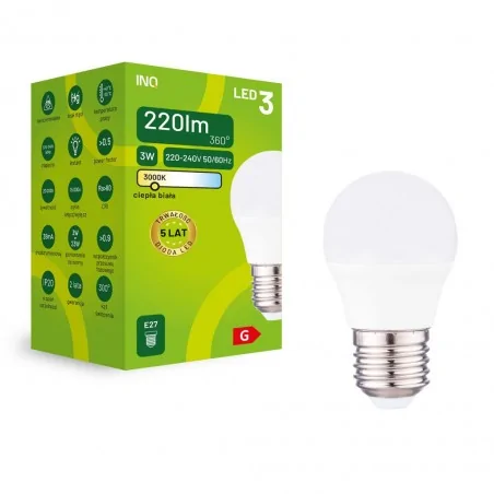 Gwint-trzonek-e27 - żarówka led e27 mleczna kulka g45 o mocy 3w ciepła 3000k elp054ww inq 