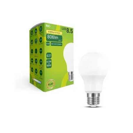 Gwint-trzonek-e27 - żarówka led e27 o mocy 8,5w ciepła 3000k a60 mleczna ela030ww inq 
