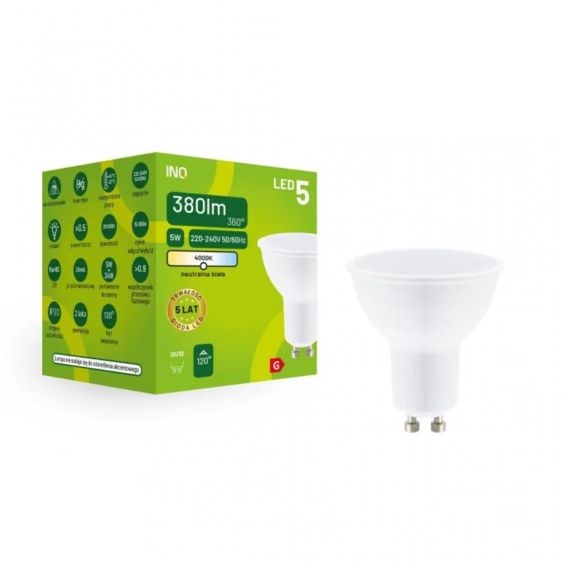 Gwint-trzonek-gu10 - żarówka led gu10 neutralna o mocy 5w 4000k mr024nw inq firmy INQ 