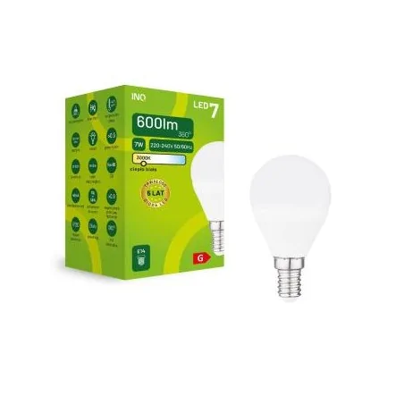 Gwint-trzonek-e14 - led-owa żarówka e14 kulka 7w ciepłe światło 3000k elp044ww inq 