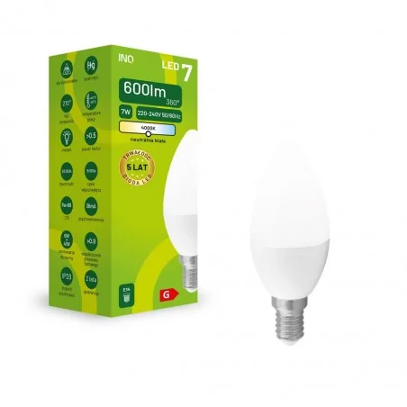 Gwint-trzonek-e14 - żarówka led e14 świeczka c37 o mocy 7w neutralna 4000k elb044nw inq 