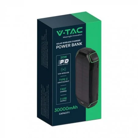 Baterie - powerbank o dużej pojemności 30000mah z latarką z ładowaniem solarnym i bezprzewodowym vt-33333 v-tac 