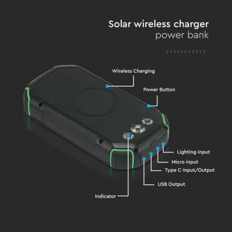 Baterie - powerbank o dużej pojemności 30000mah z latarką z ładowaniem solarnym i bezprzewodowym vt-33333 v-tac 