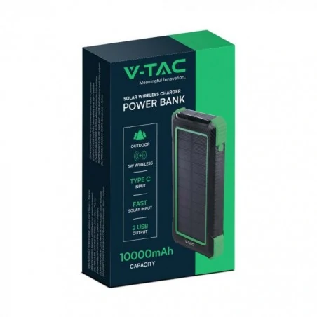 Baterie - czarno-zielony powerbank z ładowaniem solarnym i indukcyjnym 2xusb c+micro b 10000mah v-tac vt-11111 