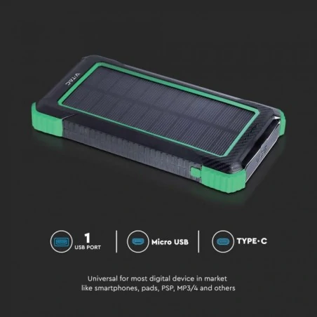Baterie - czarno-zielony powerbank z ładowaniem solarnym i indukcyjnym 2xusb c+micro b 10000mah v-tac vt-11111 