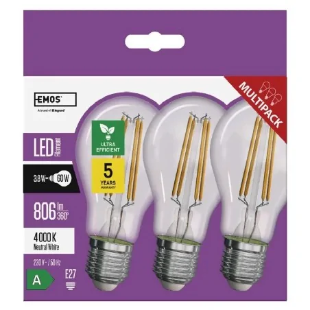 Gwint-trzonek-e27 - żarówki led filament a60 3xe27 3,8 w 806 lm neutralna biel zf5148.3 emos 