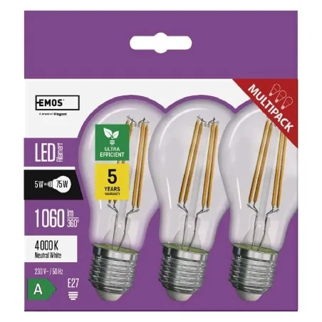 Gwint-trzonek-e27 - żarówki led filament a60 3xe27 5w 1060lm neutralna biel zf5158.3 emos 