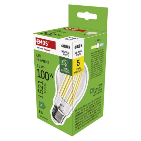 Gwint-trzonek-e27 - zf5168 żarówka led filament a60 e27 7,2w-100w 1521lm neutralna biel classic emos 