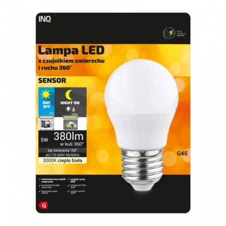 Gwint-trzonek-e27 - elpsm010ww żarówka led z czujnikiem zmierzchu i ruchu e27 g45 5w 3000k 380lm inq 