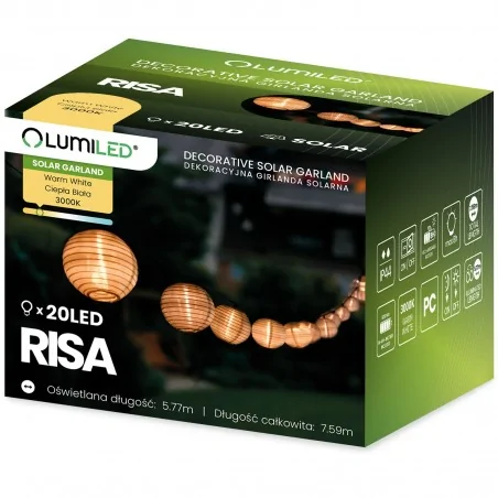 Swiecace-kule-i-girlandy - ogrodowa girlanda solarna kule lampiony z ciepłym światłem 20xled 7,59m 3000k risa lumiled 