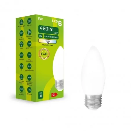 Gwint-trzonek-e27 - elb064nw żarówka led e27 6w c37 świeczka neutralna 4000k  490 lm inq 